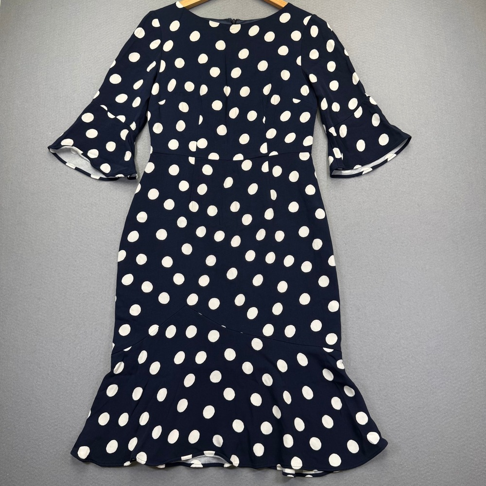 Boden Navy Blue White Polka Dot Bell Sleeve Ruffle Hem Dress US 6R W0208